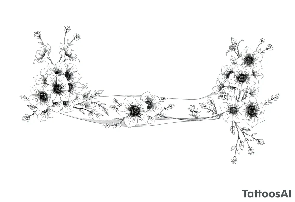 Full sleeve tattoo design of larkspur and hawthorn flowers, highly detailed line art, black ink, elegant botanical style, intertwined composition, no shading, no human mock-up, clean stencil style suitable for tattooing, fit fully within boundaries. LINE ART ONLY, REMOVE HUMAN, NO SKIN tattoo idea