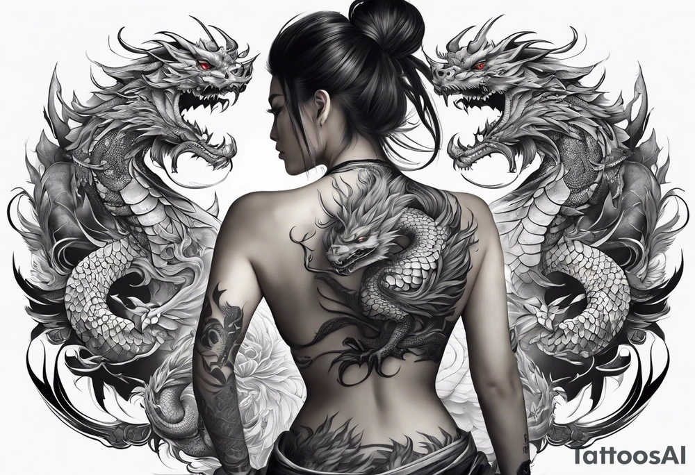 back tattoo of full body warrior nymph with dragon tattoo idea