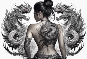 back tattoo of full body warrior nymph with dragon tattoo idea