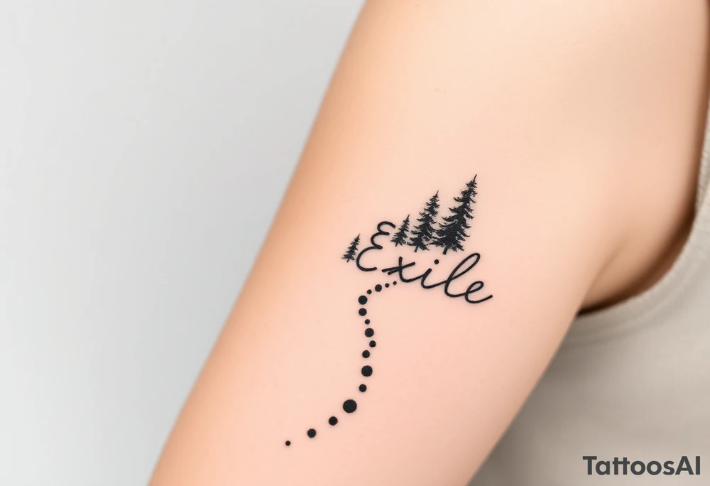 A path in the woods with mountains in the background. The word "Exile" blended in the drawing tattoo idea