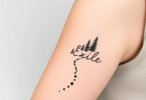 A path in the woods with mountains in the background. The word "Exile" blended in the drawing tattoo idea