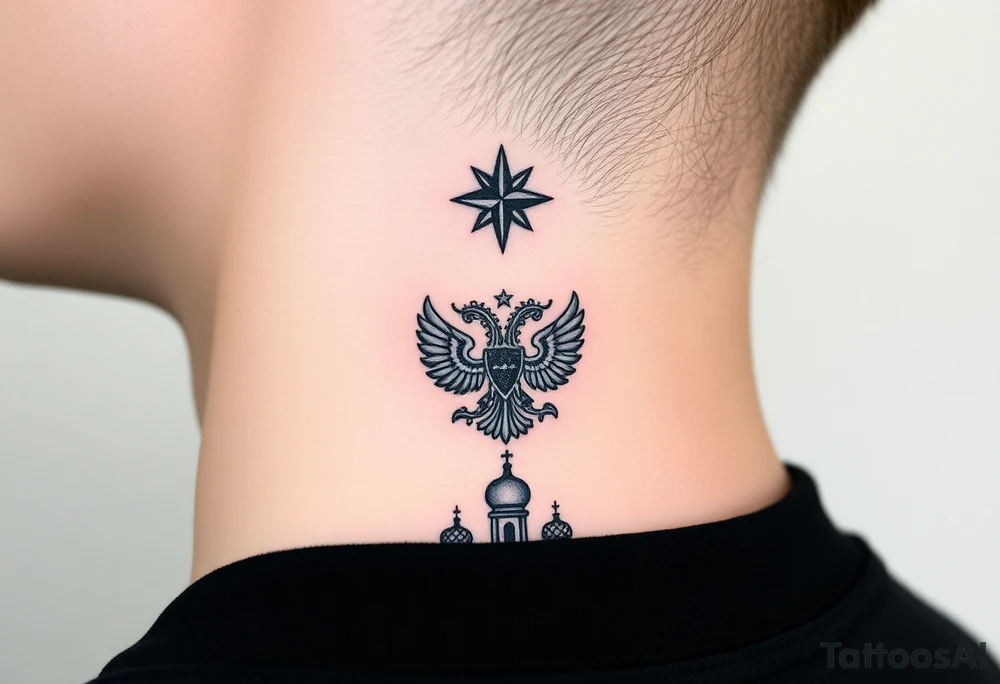 Stacked Vertical Column 

Russian star — small, bold
Middle: Miniature double-headed eagle — simplified, cleaner lines to suit the smaller space
Bottom: Orthodox church dome(s) with a small Virgin Mary silhouette beneath tattoo idea