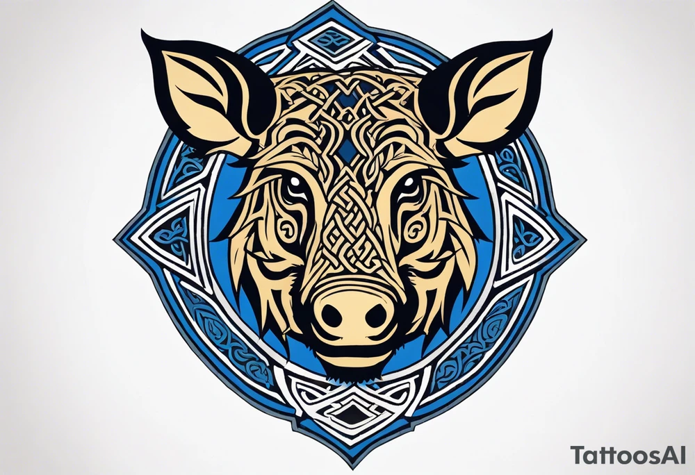 Side profile, Celtic, tribal, wild boar, On a Chatwin family crest with blue background, two gold stars, and a gold Chevron, and a Thistle. With bold black tribal lines. ancient Celtic, tribal boar tattoo idea