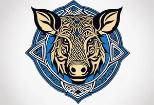 Side profile, Celtic, tribal, wild boar, On a Chatwin family crest with blue background, two gold stars, and a gold Chevron, and a Thistle. With bold black tribal lines. ancient Celtic, tribal boar tattoo idea