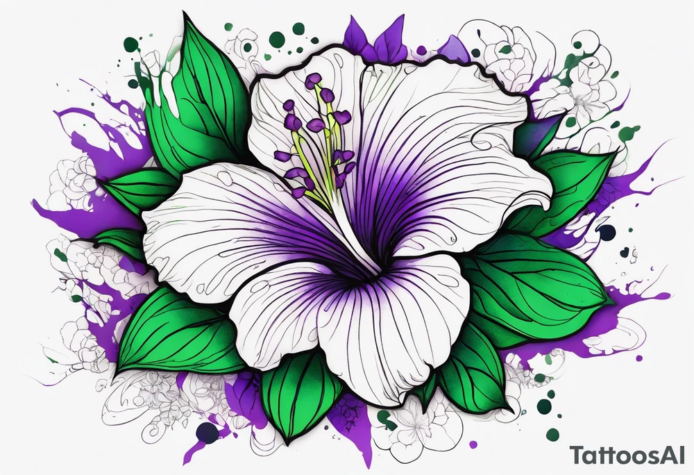 A mystical outline of a rio dipladenia flower with green/purple pedals and a green/purple watercolor splash in the background tattoo idea