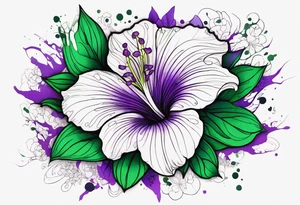 A mystical outline of a rio dipladenia flower with green/purple pedals and a green/purple watercolor splash in the background tattoo idea