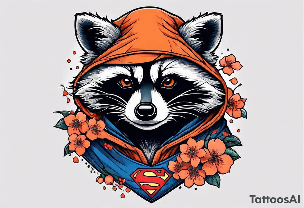 raccoon wearing a Superman hoodie with orange Japanese cherry blossoms tattoo idea