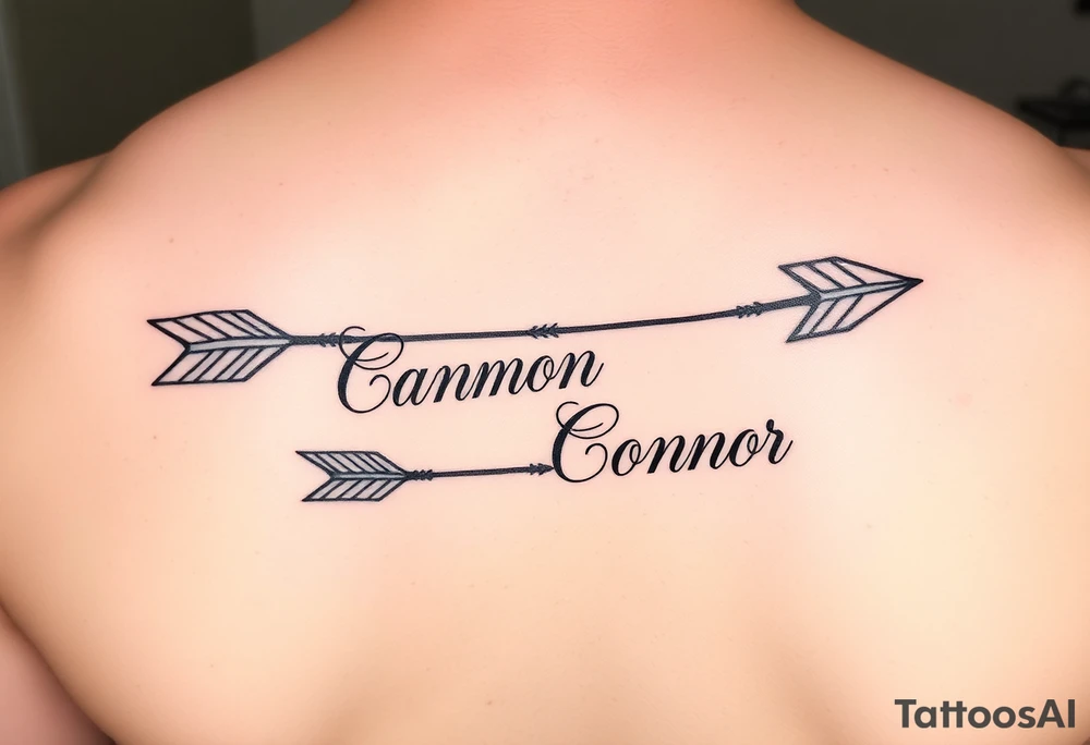 1 fancy feminine arrow that incorporates the name Cameron and another feminine arrow that incorporates the name Connor tattoo idea