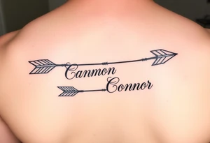 1 fancy feminine arrow that incorporates the name Cameron and another feminine arrow that incorporates the name Connor tattoo idea
