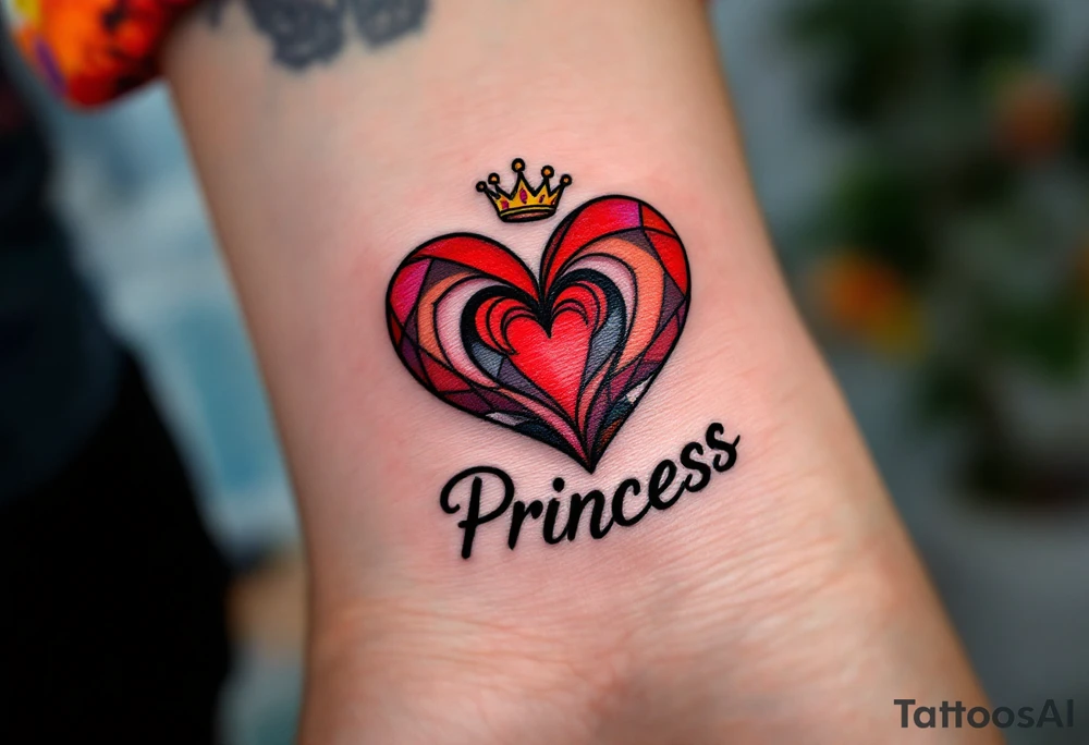 A matching red heart with a tiny crown above it and the word “Princess” in black, celebrating a daughter’s special role. tattoo idea