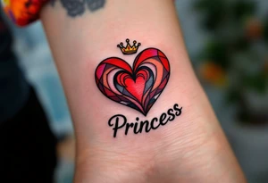 A matching red heart with a tiny crown above it and the word “Princess” in black, celebrating a daughter’s special role. tattoo idea