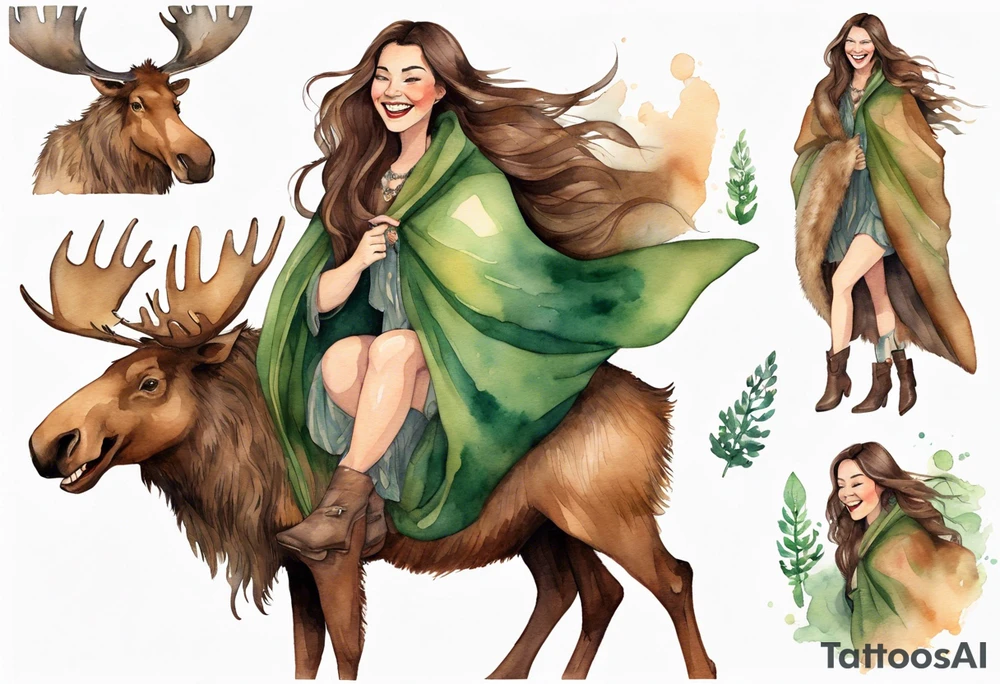 a watercolor of a curvy woman with long brown hair and light brown skin and green eyes wearing a fur cloak laughing riding a moose tattoo idea