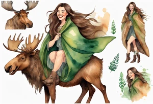 a watercolor of a curvy woman with long brown hair and light brown skin and green eyes wearing a fur cloak laughing riding a moose tattoo idea