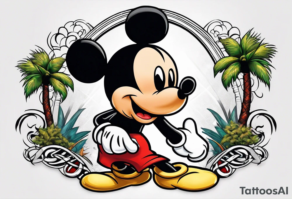 mickey mouse doing martial arts with palm trees, lightning storm and the celtic symbol for family tattoo idea