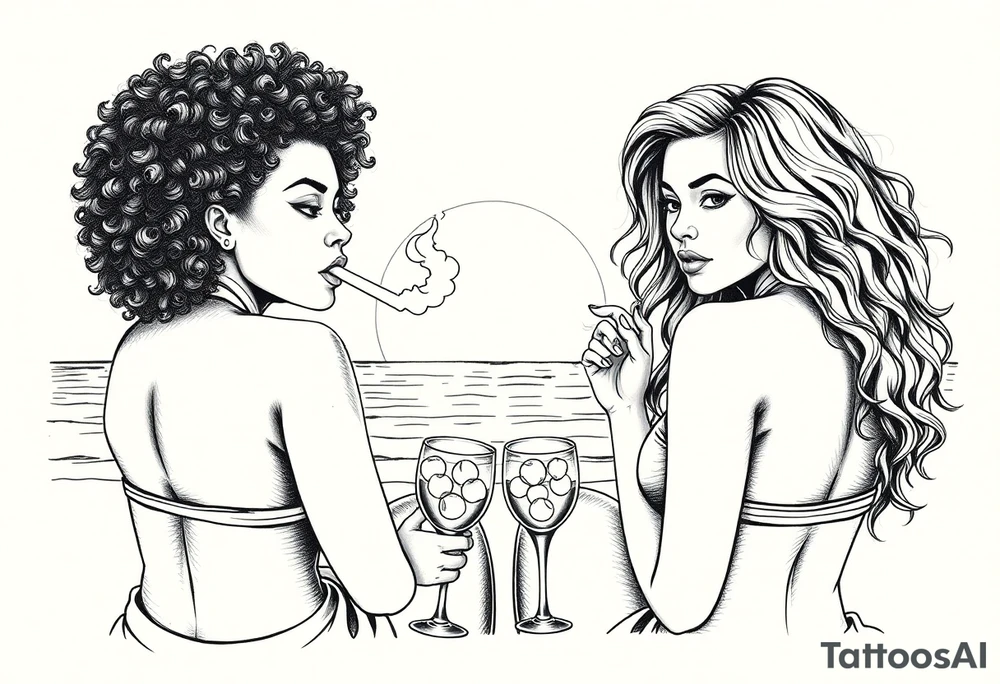 Two females One of the females is dark skin with Curly puffy hair The other girl is light skin and has wavy hair, sitting in front of a sunset on the beach, smoking a blunt with margarita glasses next to them tattoo idea
