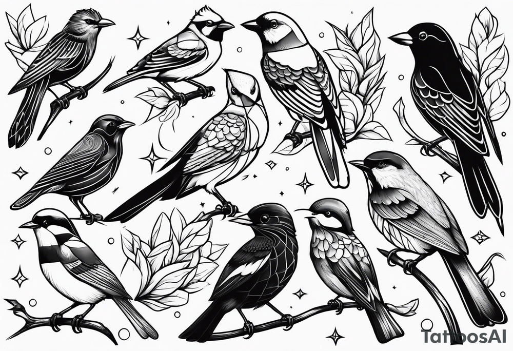 Variety of birds style flash sheet tattoo idea