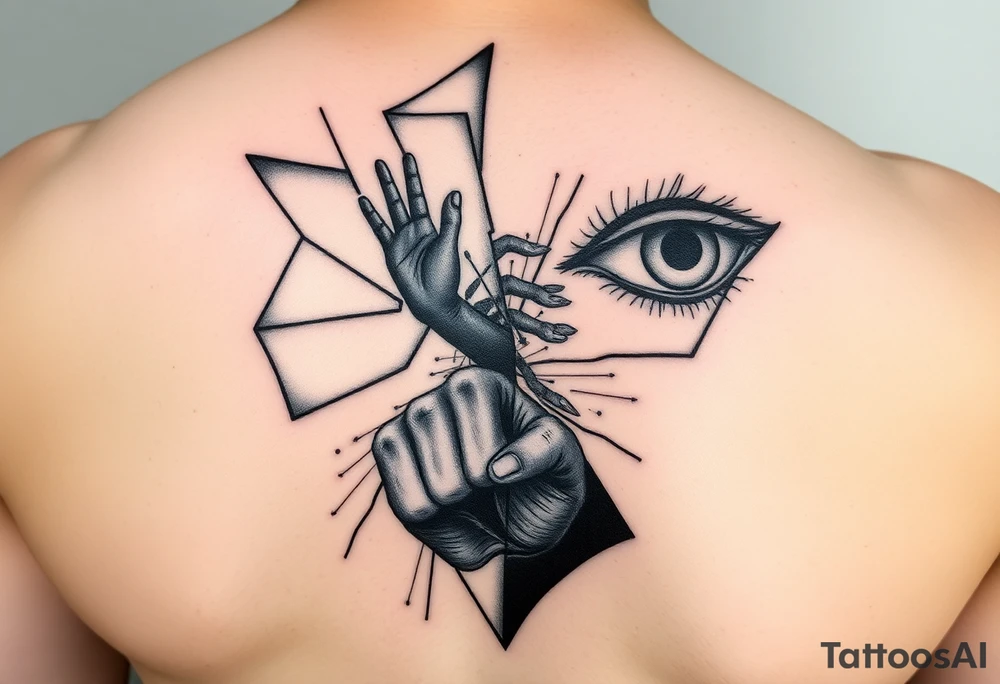 Shattered mirror tattoo design, geometric mirror shards floating, each fragment reflects different aspects - child's hand reaching, adult fist clenched, abstract eye, black ink with geometric patterns, negative space important, upper arm wrap design, abstract symbolic style, transformation theme tattoo idea