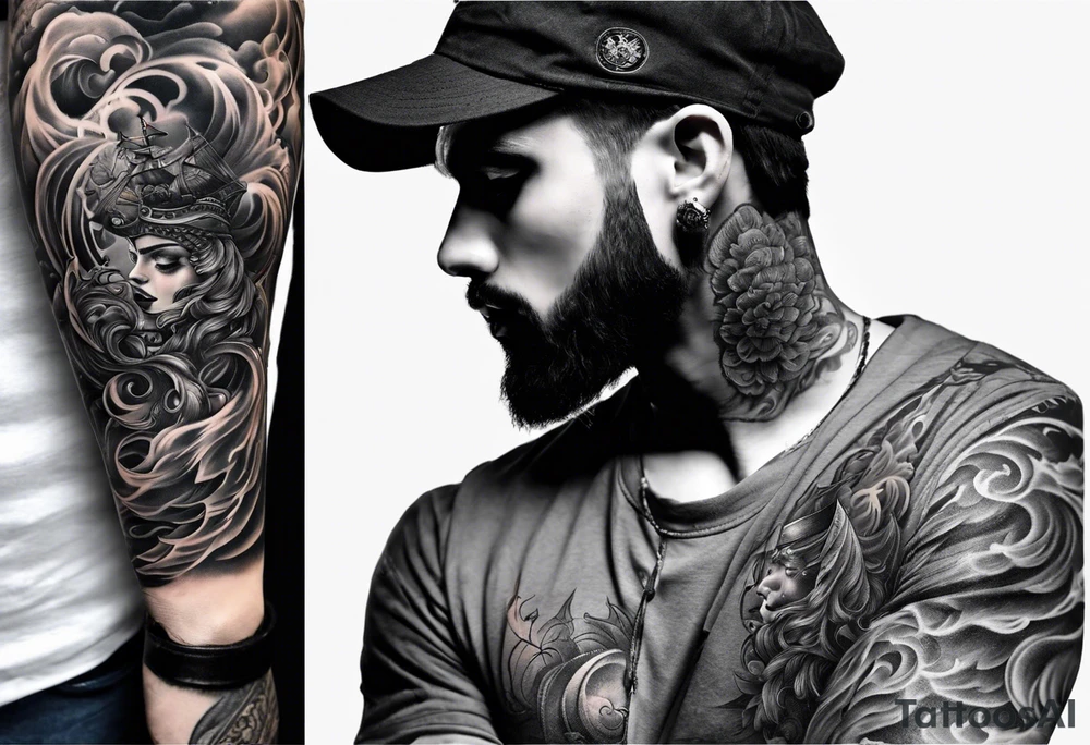 arm full sleeve eyes smoke tattoo idea