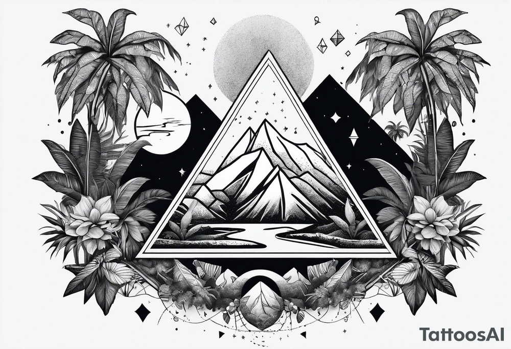 thick line art of space and jungle in 3 triangle shape tattoo idea