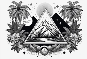 thick line art of space and jungle in 3 triangle shape tattoo idea