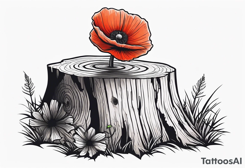 A single tree stump showing its rings with a single small poppy growing out of the ground next to the stump tattoo idea
