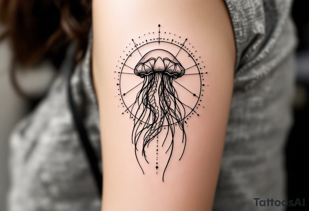 minimal fine-line tattoo, single jellyfish, sacred geometry surround, dotwork patterns, jellyfish bell dome, flowing tentacles, trailing streamers, geometric mandala, radiating dotwork, minimalist design, black grey lines, soft shading, no outlines, geometric frame, organic jellyfish form, upper arm shoulder placement, light airy feel, delicate linework, geometric backdrop, clean lines, radiating patterns, simple jellyfish centerpiece tattoo idea