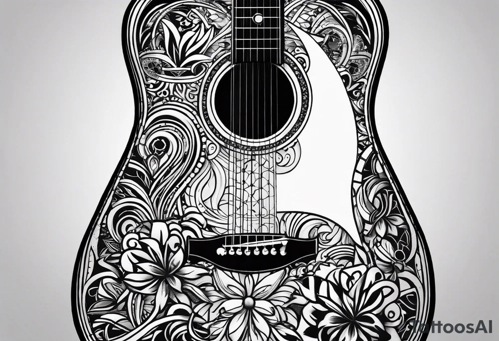 A minimalist guitar design, small in size, with clean lines and vintage detailing. The guitar represents a deep connection to music, with a classic, understated design that captures its essence without embellishments. tattoo idea