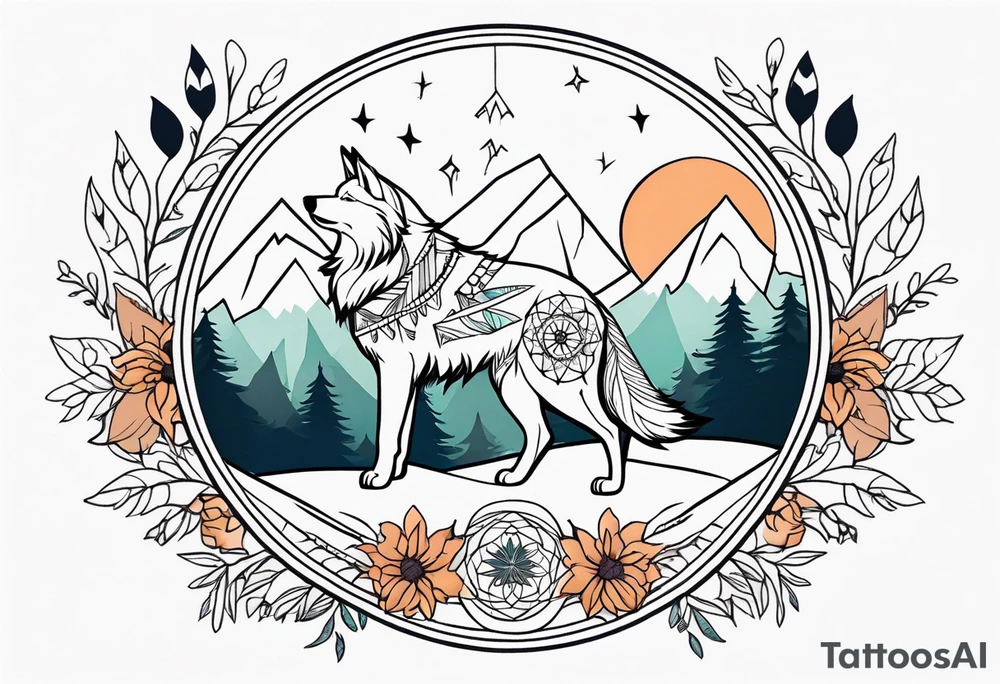 A whimsical wolf tattoo featuring mandala or dream catcher elements, with the wolf as the central focus, surrounded by mountains in the background. Include flowers and nature elements to fill the space around the wolf. Some color but not completely solid bold color tattoo idea