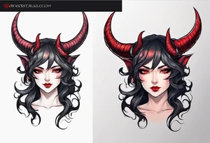 anime style succubus with red horns in a portrait tattoo idea