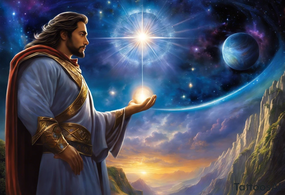 Jehovah looking out at the marvels of his creation from the atoms to the galaxy and celestial beings. With grey wash and a fantasy theme. Jehovah has to be a character who is so majestic, charismatic, immensely powerful. There isnt a single thing he isnt capable of doing. Infinitely powerful forward facing. Without the pagan styled attire and without the pagan symbols etceterashirtless, large muscular athletic physique, deep muscle definition tattoo idea