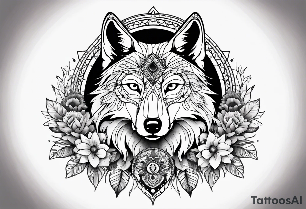 A whimsical wolf tattoo featuring mandala or dream catcher elements, with the wolf as the central focus, surrounded by mountains in the background. Include flowers and nature elements to fill the space around the wolf. Some color but not completely solid bold color tattoo idea