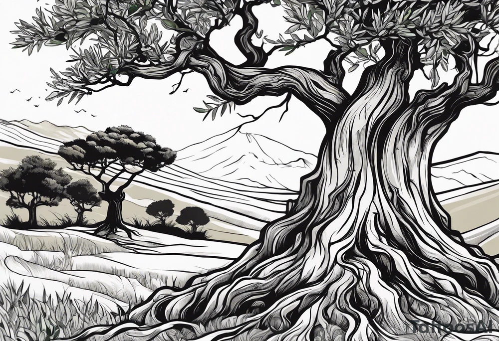 And olive tree with exposed roots, writing out “patience” in Korean, next to a tree stump with exposed rings, and a small Poppy flower growing out of the ground tattoo idea