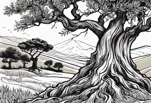 And olive tree with exposed roots, writing out “patience” in Korean, next to a tree stump with exposed rings, and a small Poppy flower growing out of the ground tattoo idea