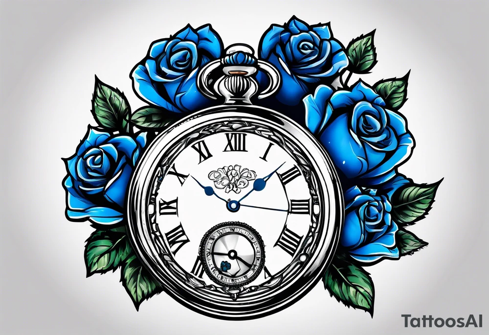Pocket watch with blue roses tattoo idea