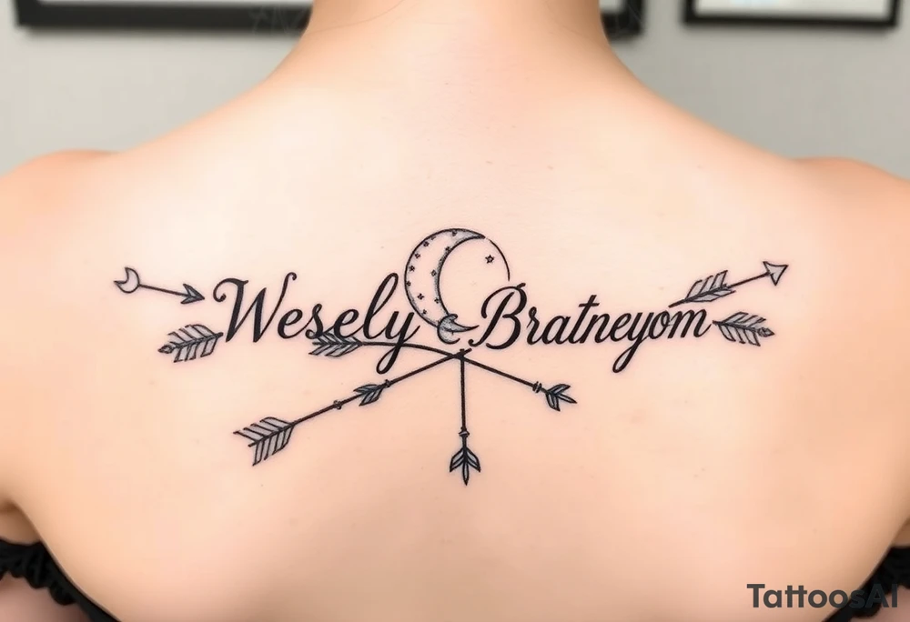 Name tattoo with Wesley, Brantley, Logan with entwined arrows and moons and stars tattoo idea