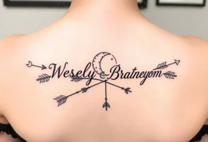 Name tattoo with Wesley, Brantley, Logan with entwined arrows and moons and stars tattoo idea