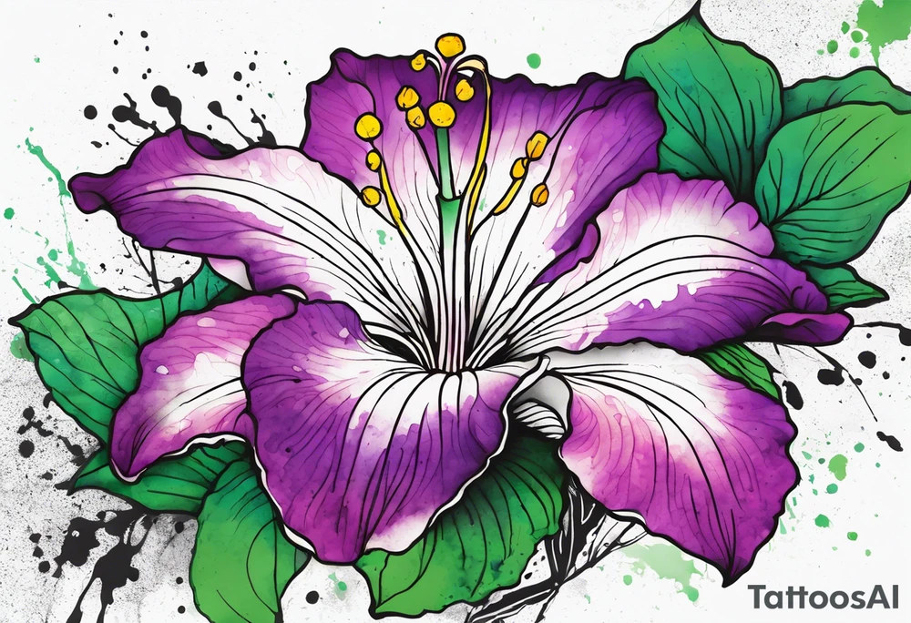 An outline of a rio dipladenia flower with a green and purple watercolor blotch splatter in the background tattoo idea