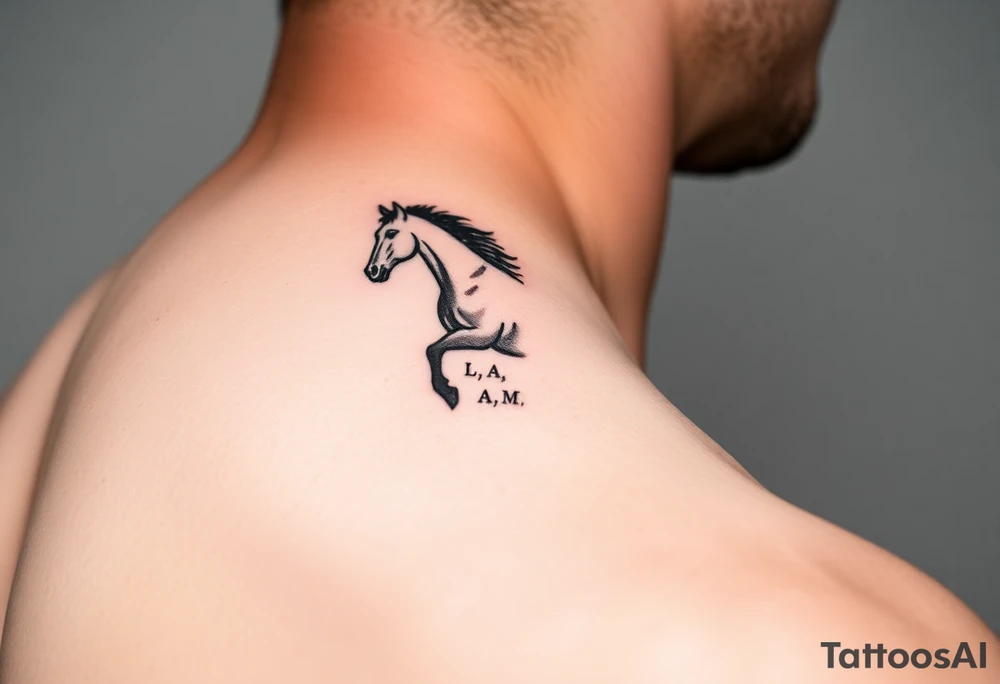 horse silhouette 
from the front which gallops from the front, with the 3 small letters discreetly integrated: L, A, M tattoo idea