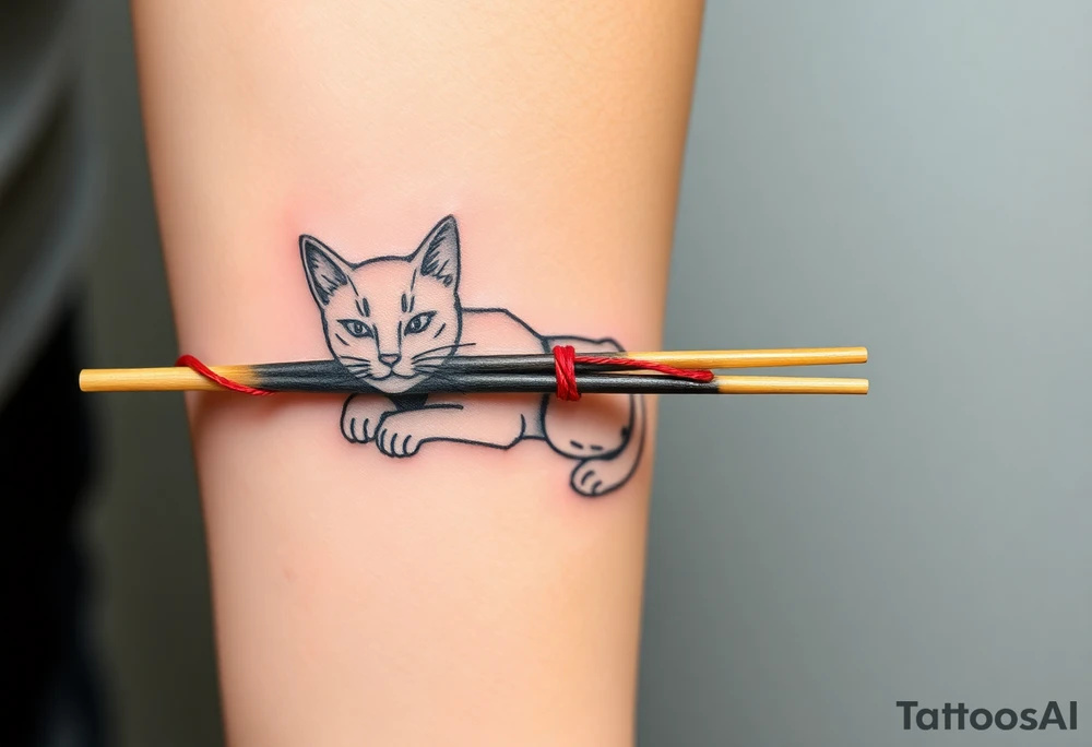 chinese chopsticks with a red thread by the end of it,
about 5cm long , 1 cm wide
it goes into the anterior part of the left wrist
besids places a chinese cat drawing tattoo idea