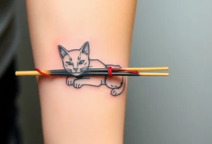 chinese chopsticks with a red thread by the end of it,
about 5cm long , 1 cm wide
it goes into the anterior part of the left wrist
besids places a chinese cat drawing tattoo idea
