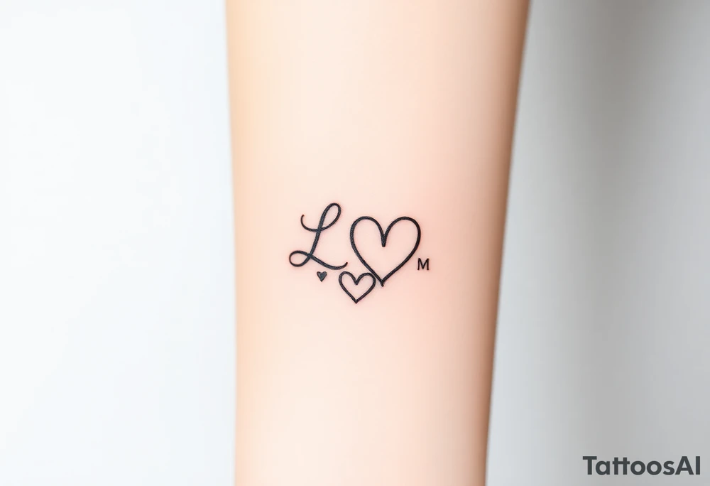 wedding ring tattoo with initials L and M and hearts tattoo idea