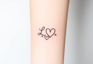 wedding ring tattoo with initials L and M and hearts tattoo idea