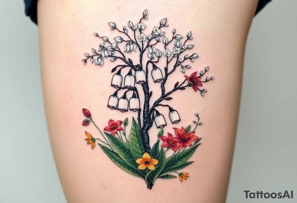 White lily in the valley bells with other different colored lilies surrounding underneath a blooming hawthorn tree tattoo idea