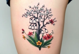 White lily in the valley bells with other different colored lilies surrounding underneath a blooming hawthorn tree tattoo idea