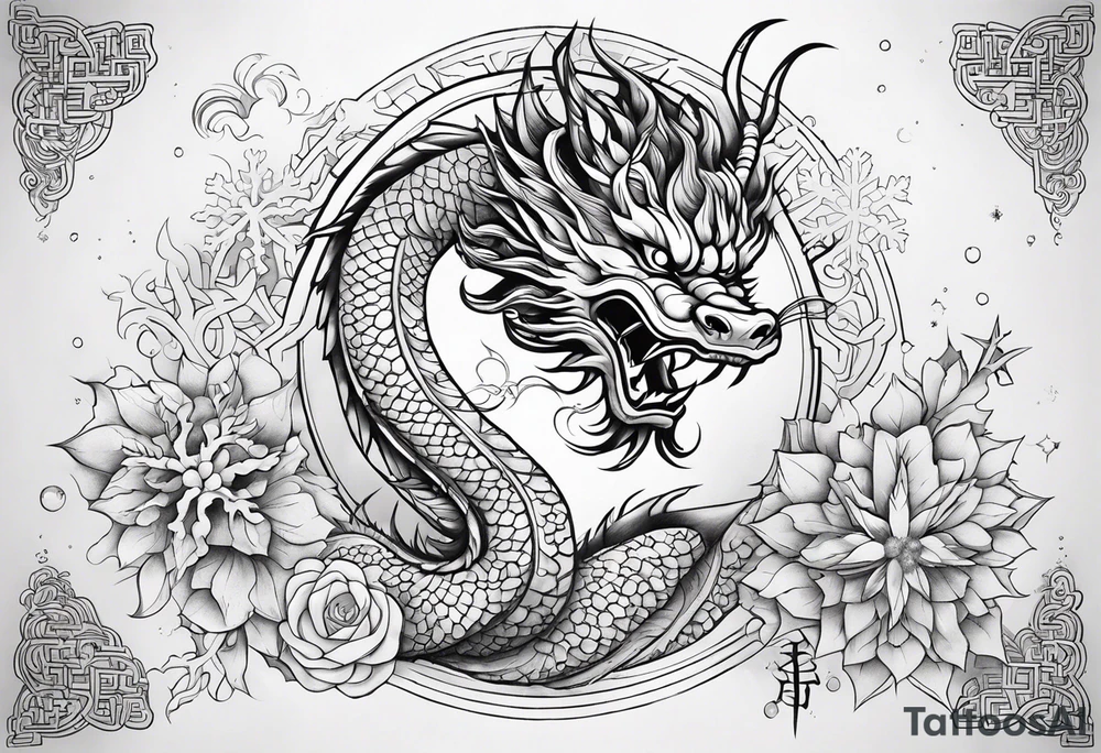 japanese dragon cute , celestial, cross, snowflake tattoo idea