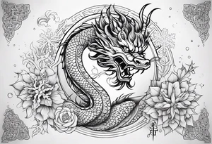 japanese dragon cute , celestial, cross, snowflake tattoo idea