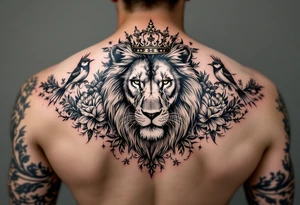 powerful majestic lion with a crown, surrounded by floral ornaments and birds tattoo idea