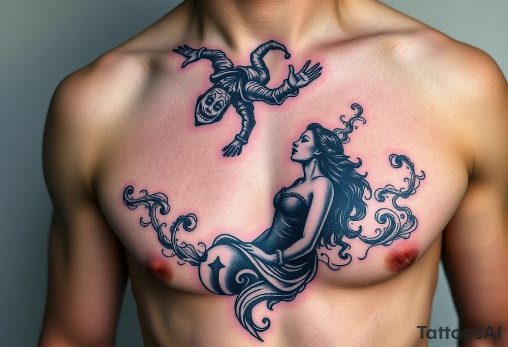 jester hovering over woman in smoke tattoo idea