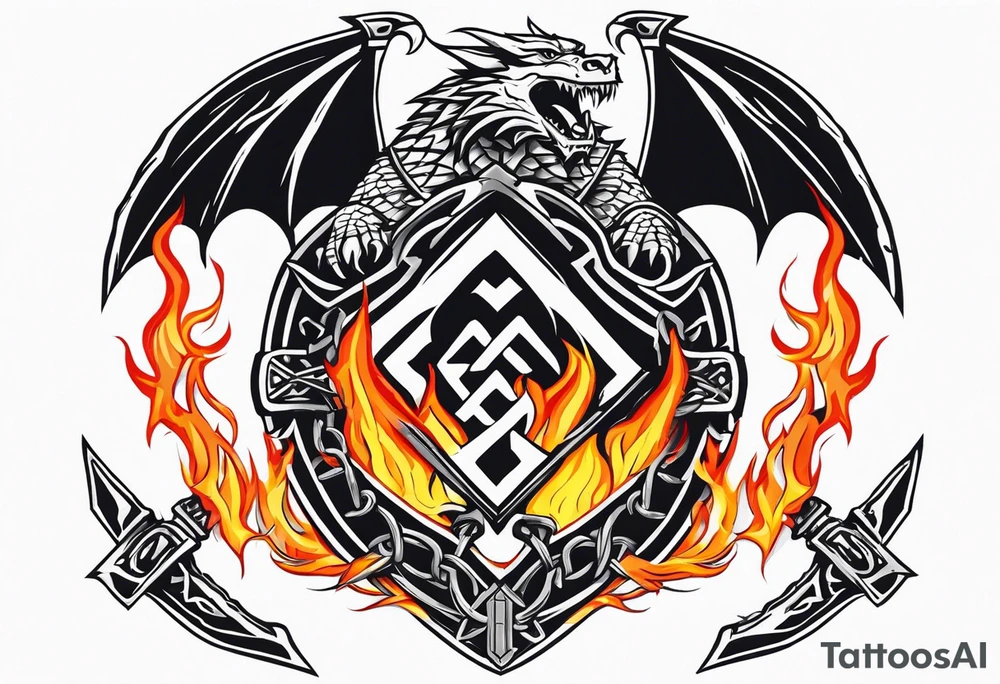 Valhalla sword shield dragon axe Valknut barbed wire chains fire tattoo idea Valhalla sword shield dragon axe Valknut barbed wire chains fire tattoo idea