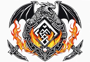 Valhalla sword shield dragon axe Valknut barbed wire chains fire tattoo idea